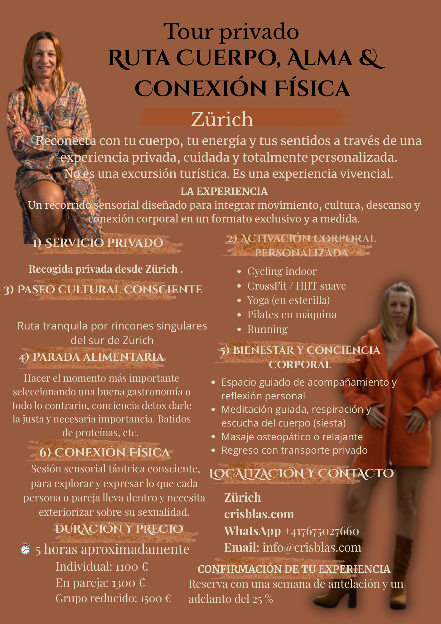 Expérience privée à Zurich pour reconnecter le corps, l’énergie et les sens à travers le mouvement, la culture et le bien-être. Un parcours personnalisé de 8 heures pour individus ou couples avec un accompagnement conscient et une connexion physique profonde.